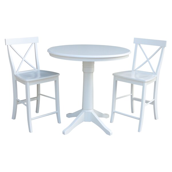 International Concepts Round 36 in Rd Pedestal Gathering Ht Table, 2 X-Back Counter Ht Stools, White, 36 W, 36 L, 34.9 in H K08-36RT-27B-S6132 - main